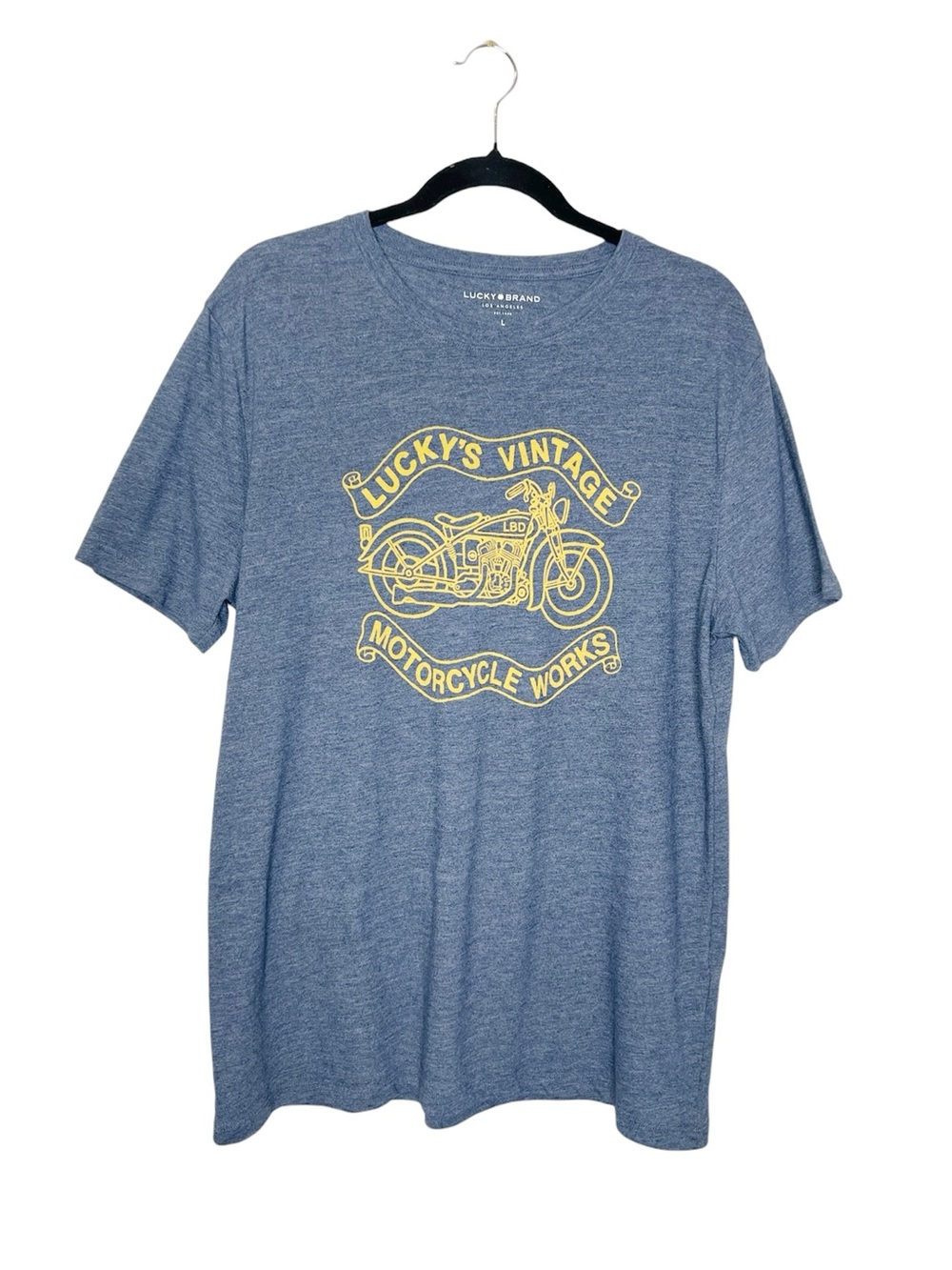 LUCKY BRAND Lucky's Vintage Motorcycle Works blue and yellow t-shirt size Large